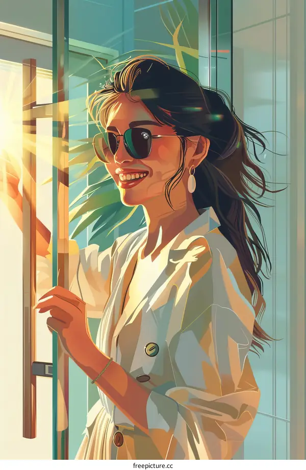 An illustration of a young woman opening a door