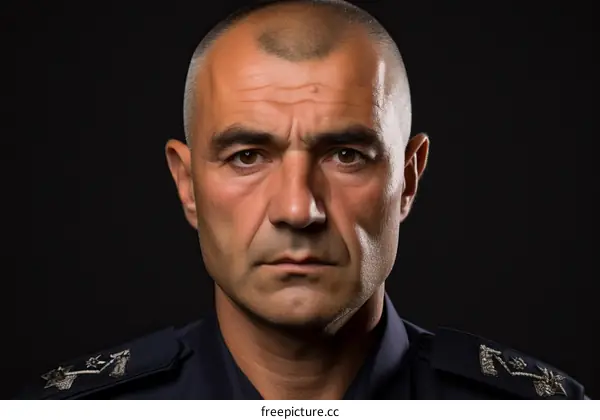 A police officer with a serious expression on his face