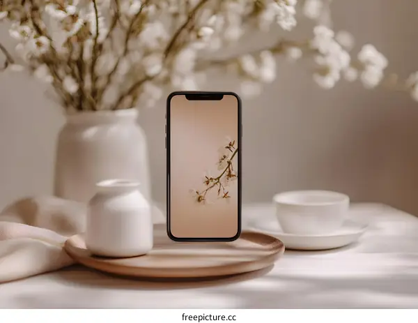 Minimalist Phone Mockup With White Flowers and Ceramic Vases