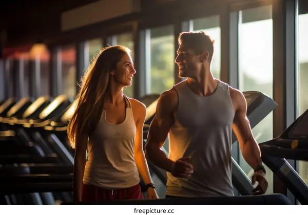 Couple exercising on treadmills and talking to each other