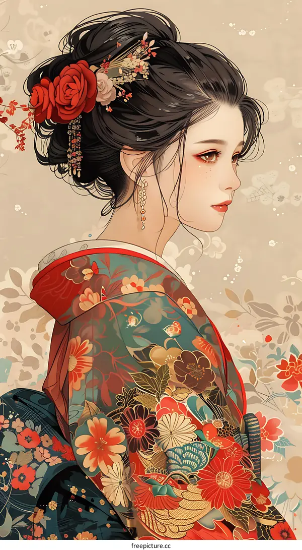 An illustration of a beautiful woman in a kimono with a red rose in her hair.