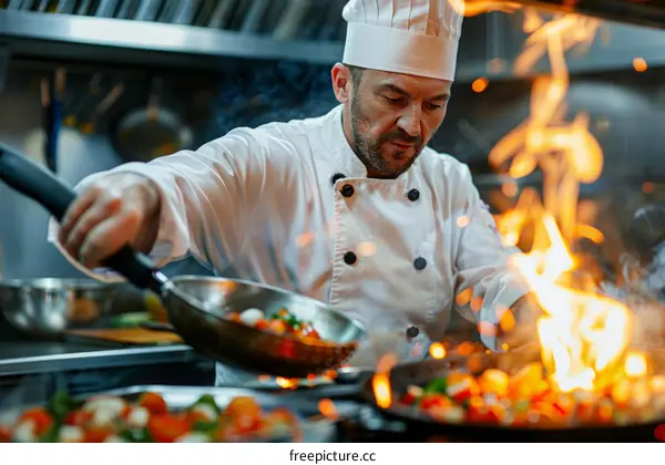 Focused male chef cooking vegetables in a flaming pan