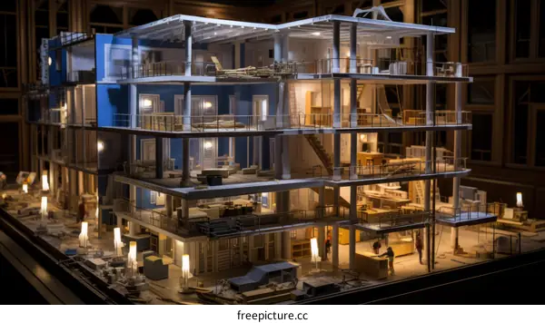 A model house with furniture and lighting