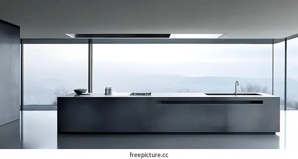 Modern Kitchen Island with View of Mountains and City