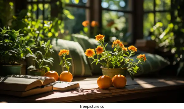 Orange flowers and open book on the table