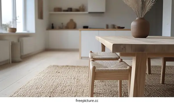 Modern Minimalist Wooden Dining Table in a Bright Kitchen