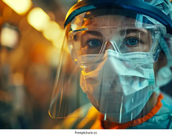 A female healthcare worker wearing a face mask, goggles, and face shield.