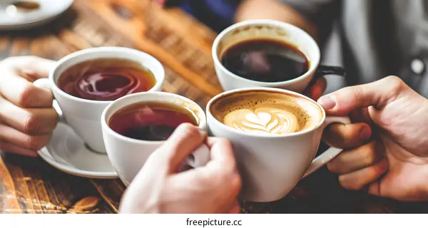 Four Cups of Coffee and Tea in Hands