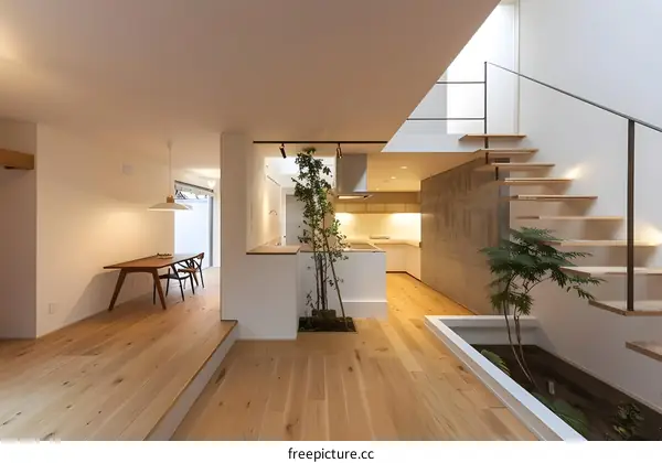 Modern Japanese Home Interior Design with Wooden Floors and Staircase