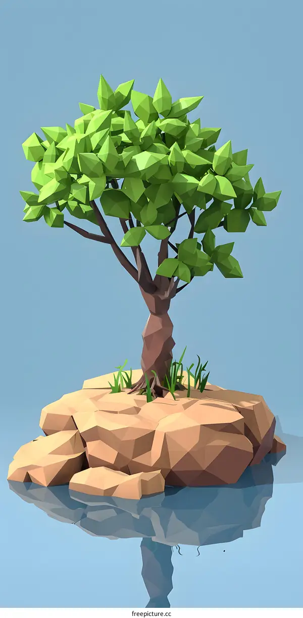 Green polygonal tree on a rock in water