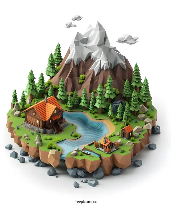 Low Poly Mountain Landscape with Cabin and River