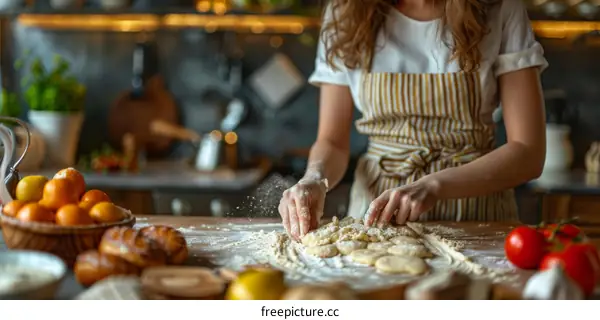 Caucasian woman kneading dough on a wooden table in the kitchen