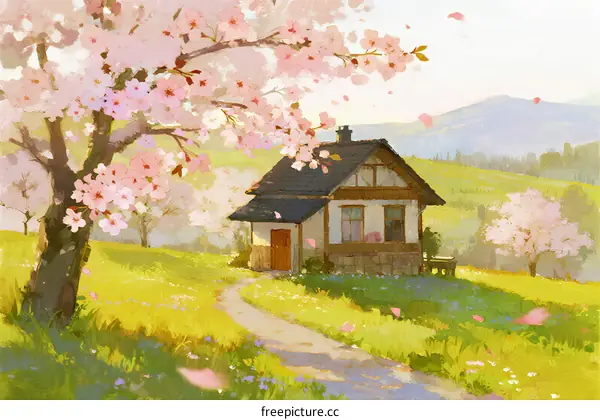 A Small Cottage Surrounded by Cherry Blossom Trees in a Green Field