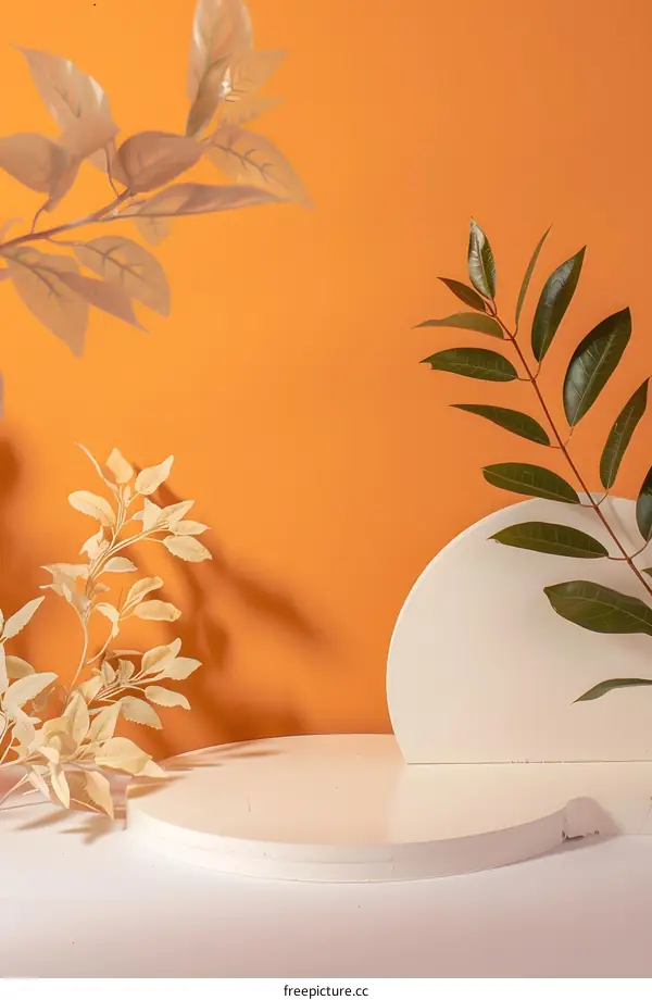 Minimalist Product Display with White Platform and Green Leaves on Orange Background