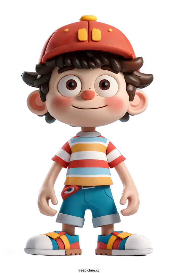 [Transparent Background PNG]A 3D rendering of a boy wearing a red hat and striped shirt