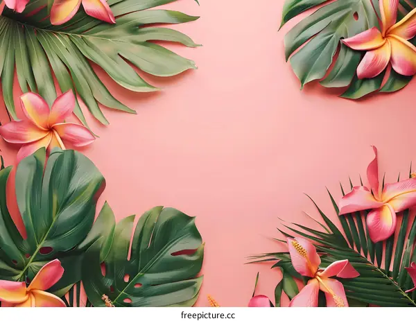 Tropical Leaves and Flowers on Pink Background
