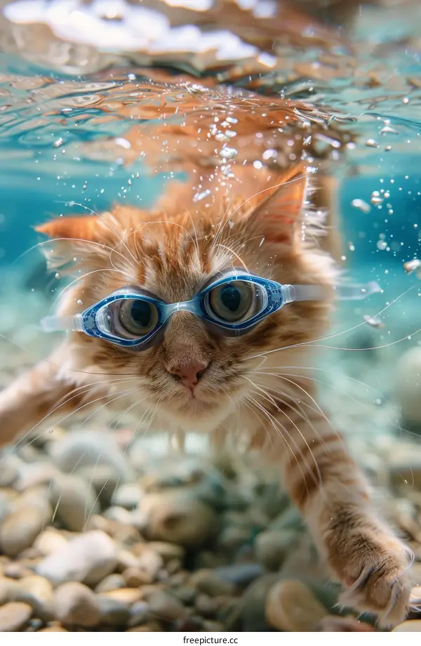 ginger cat wearing blue goggles swims underwater