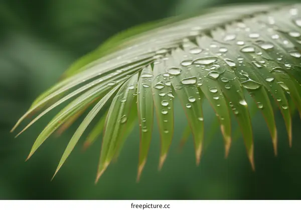 Close-up of a wet palm leaf with water droplets