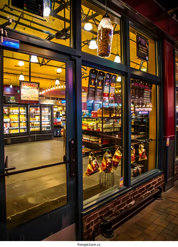 Night View of a Grocery Store with Illuminated Sign