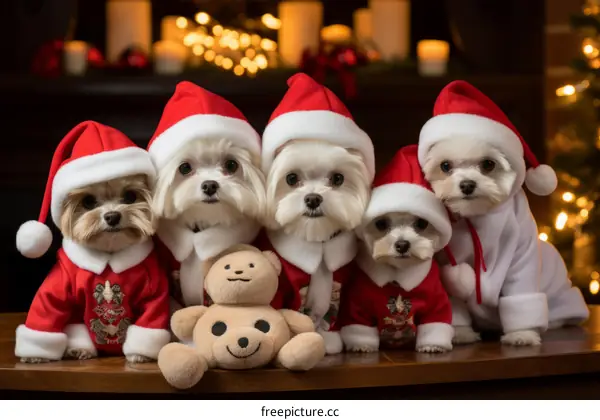 Five Maltese dogs wearing Santa hats pose for a Christmas photo