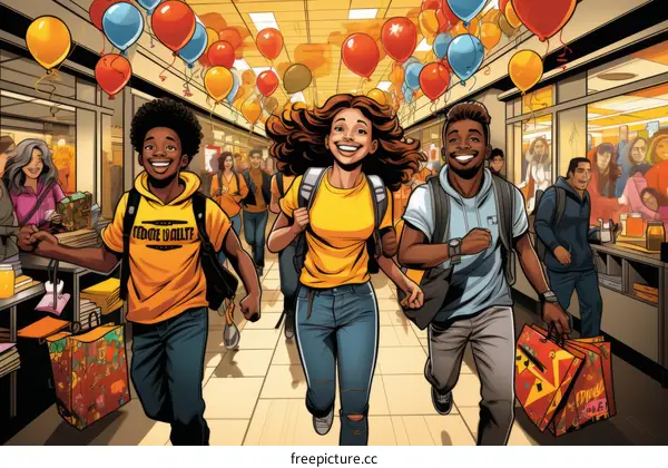 Three cheerful high school students running in the school hallway