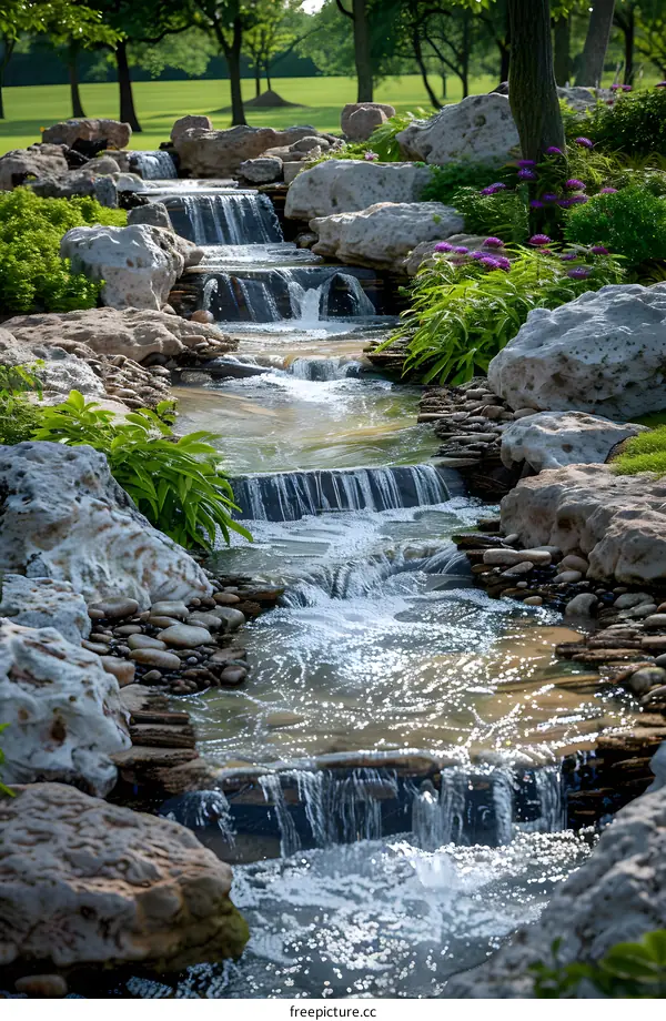 A picture of a small stream of water flowing through a landscaped garden