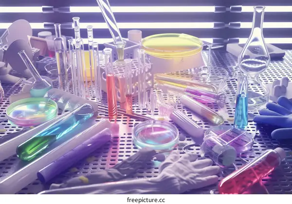 Lab equipment and supplies including beakers, gloves, and test tubes