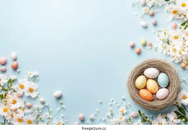 Pastel Easter Eggs in a Nest with Flowers