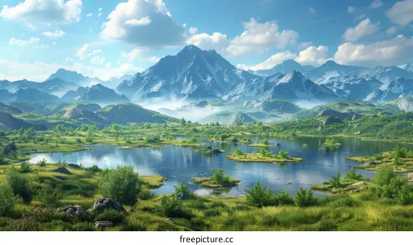 Mountains and a Tranquil Lake in Green Fields