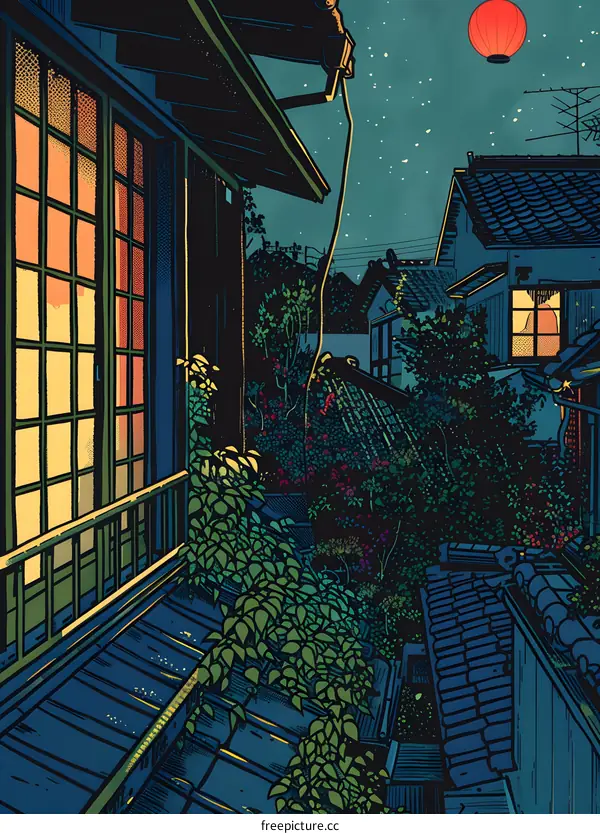 Japanese Style Night View with Red Lantern