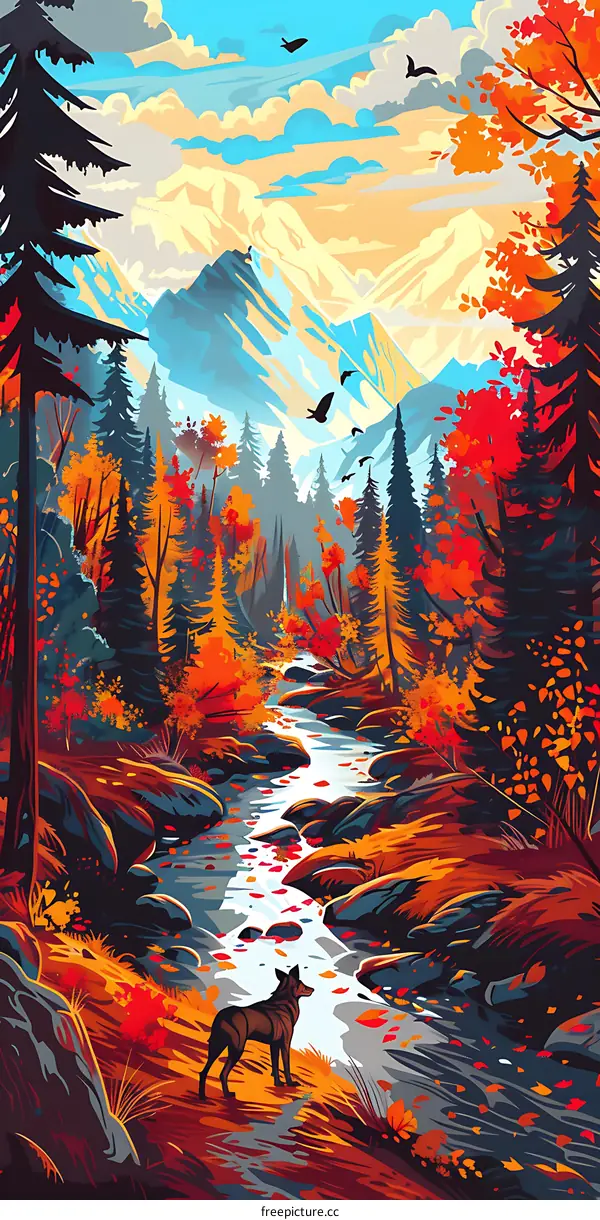 Autumn Landscape With A Stream And Dog