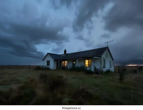 White House With Lights On in the Field Under Dark Sky