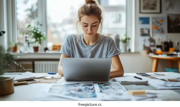 Young Woman Working on a Laptop in a Home Office