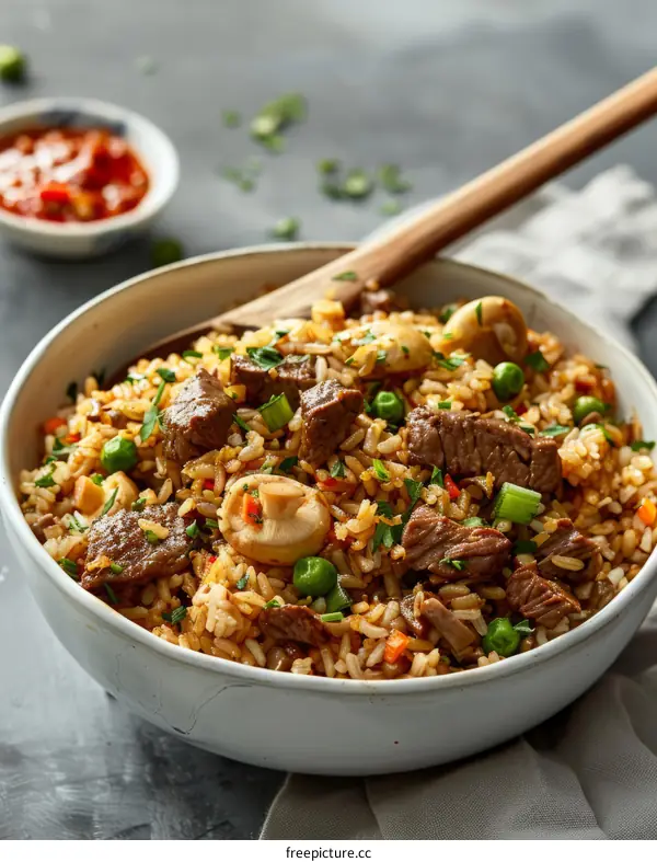 Beef Fried Rice with Carrot, Green Peas, Mushroom, and Parsley
