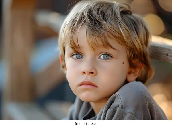 Portrait of a cute caucasian boy with blond hair and blue eyes