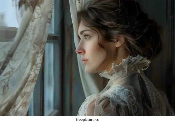 A retro girl looking out the window thoughtfully