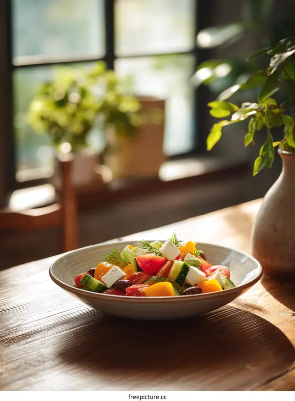 Greek Salad on Wooden Table in Sunlight