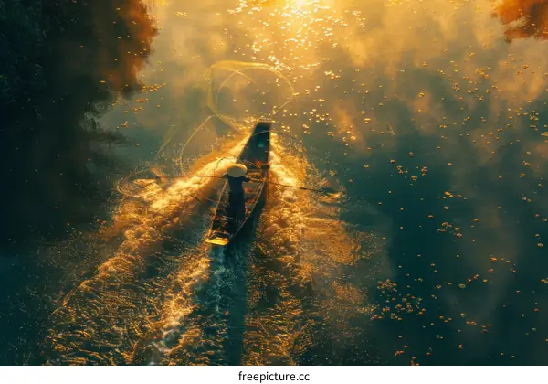 Fisherman casting net in the river at sunrise