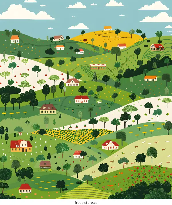 Illustrated Landscape With Green Hills and Houses