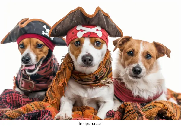 Three dogs wearing pirate hats and scarves