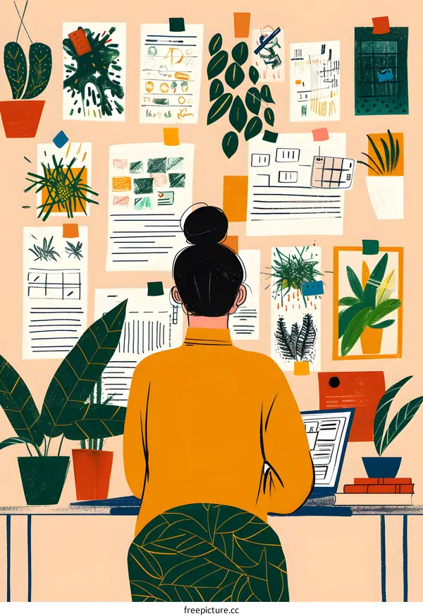 Woman Working on Computer with Plants in Background