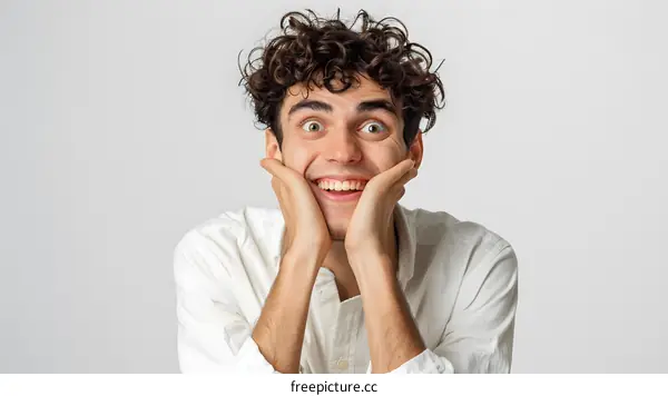 Portrait of a Young Man with Curly Hair Smiling with His Hands on His Cheeks