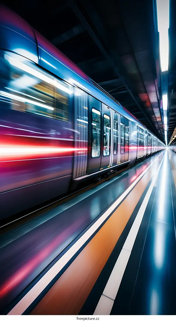 A subway train speeds through a station