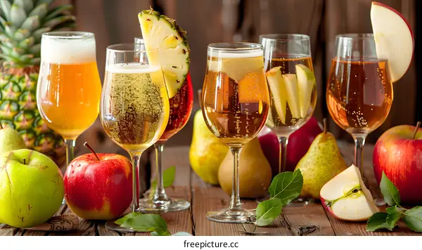 Fresh Cider with Pineapple and Apple Slices on Rustic Wooden Table