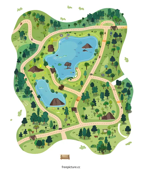 Illustrated Map of a Green Park with a Lake and Paths