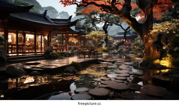 Tranquil Chinese Courtyard with Pond and Tree