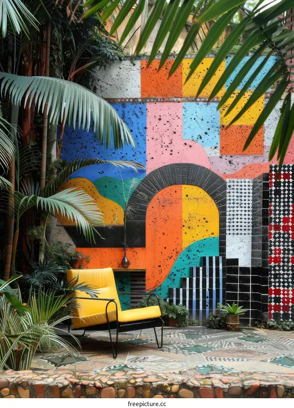 geometric mural in a tropical setting