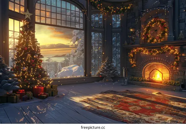 A Christmas tree by the fireplace