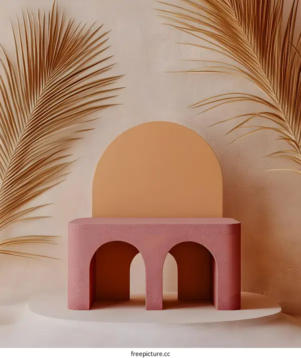 Abstract 3D Render of Arch with Palm Leaves