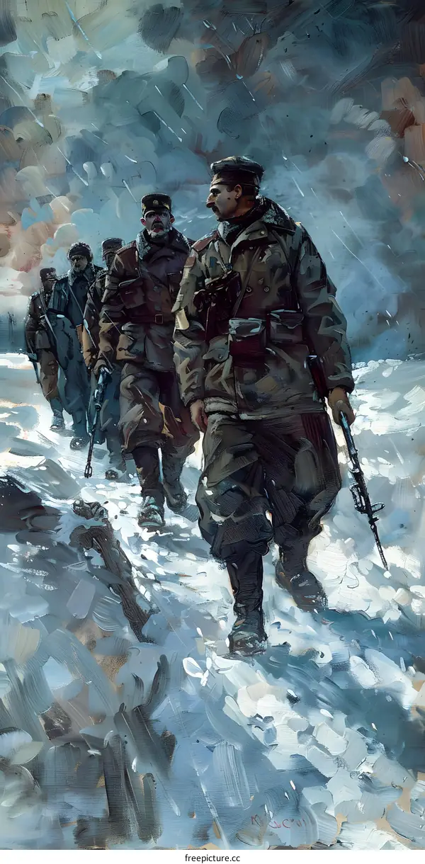 A group of soldiers walking through the snow